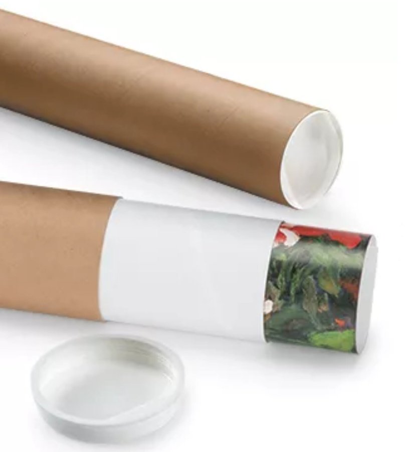 Rolled print inside a sturdy cardboard postal tube with white end caps